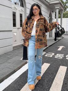 SHEIN EZwear Plus Size Women Front Button Long Sleeve Pocket Furry Jacket Coat - Brown - View 6