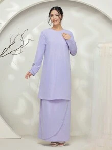 Veilorie Baju Kurung 2pcs/Set Extra Long Wavy Ruffle Hem Crop Top And Maxi Skirt Modest