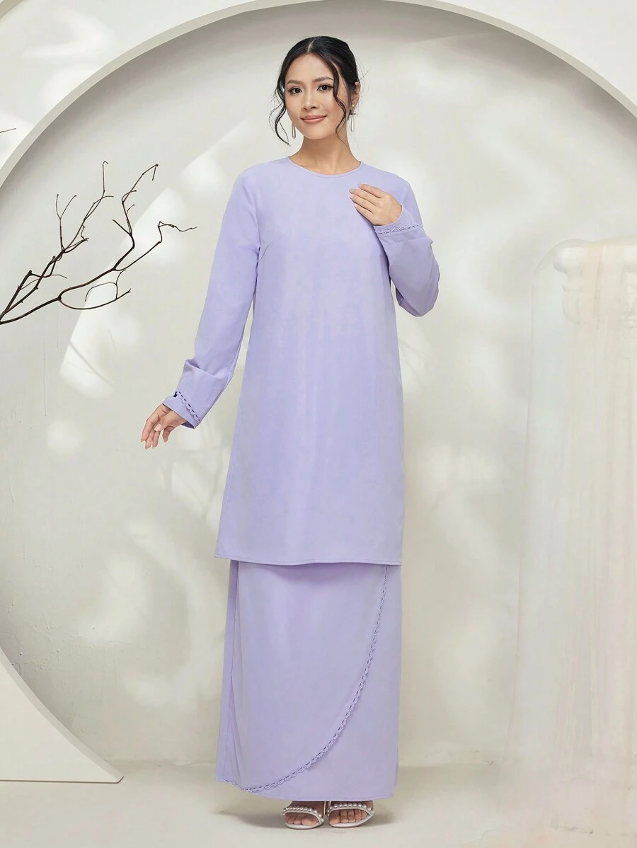 Veilorie Baju Kurung 2pcs/Set Extra Long Wavy Ruffle Hem Crop Top And Maxi Skirt Modest