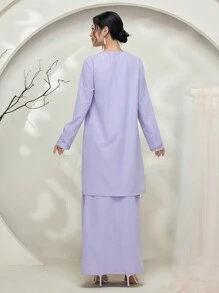 Veilorie Baju Kurung 2pcs/Set Extra Long Wavy Ruffle Hem Crop Top And Maxi Skirt Modest