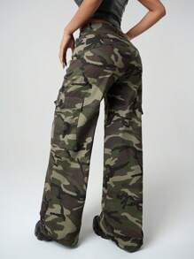 SHEIN ICON Women's Front Button Pocket Simple Casual Y2k Holiday New Years Baggy Camo Cargo Denim Low Waist Camouflage Jeans