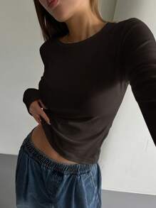 DAZY Women's Solid Color Round Neck Long Sleeve Simple T-Shirt, Casual For Daily Wear,Back To School Clothes,Fall Women Clothes