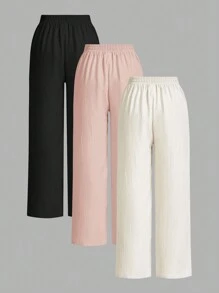 SHEIN Essnce 3条装夏季裤子女士纯色腰系带阔腿宽松休闲裤 - 粉色 - 查看 2