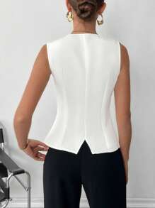 Siren Gaze 白色五金纽扣 A 字形开衩上衣 女士白色金属纽扣无袖上衣，秋季 - 白色 - 查看 3