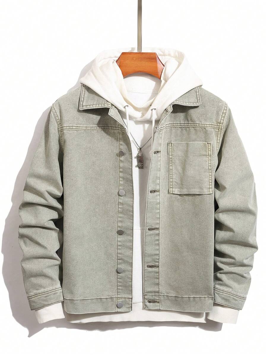 Chillumni Men's Casual Fashionable Patchwork Pocket Single-Breasted Denim Jacket, Excludes Hoodies
