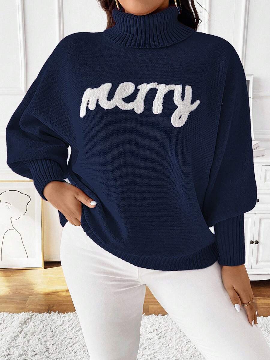 SHEIN Unity Plus Size Letter Embroidery Batwing Sleeve High Neck Casual Sweater, Winter Knit Pullover Fall - Blue - View 1