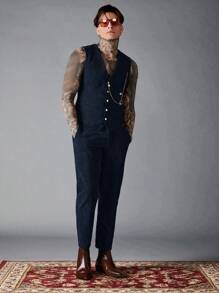 Manfinity VCAY 男士修身灯芯绒背心和裤子休闲西装套装 - 藏蓝色 - 查看 6