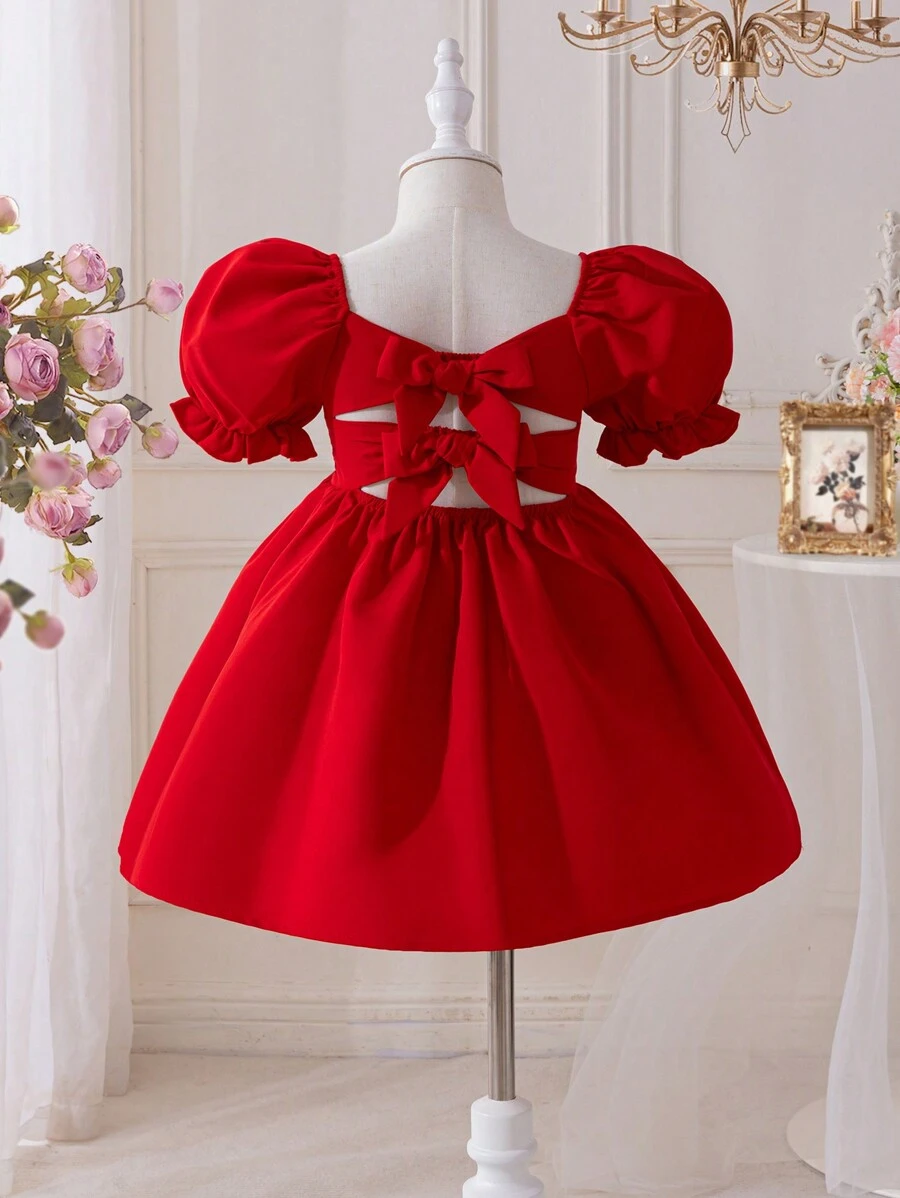 SHEIN Váy cổ vuông dệt tay ngắn màu trơn cho bé gái mặc hàng ngày - Đỏ - Xem 1