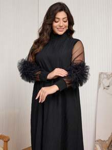 Al Najma 女士宽松加大码高领网眼花卉灯笼袖纹理阿拉伯连衣裙，加大码长款女装