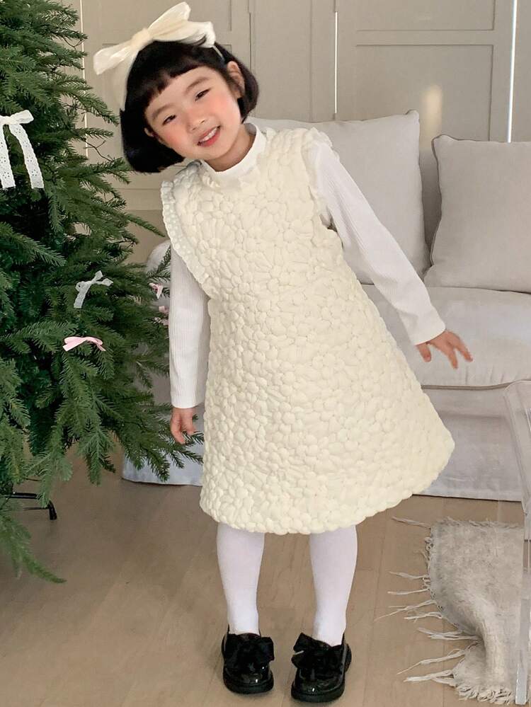 Young Girl Solid Color Floral Jacquard Ruffle Hem Jumper Dress, Autumn/Winter
