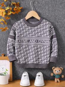 Jersey de cuello redondo de punto con estampado para niños pequeños, color negro y blanco, apto para usar en casa, de vestir informal y al aire libre