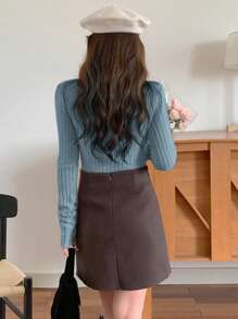 DAZY Women's Plain Collar Long Sleeve Minimalist Ribbed T-Shirt,Fall Women Clothes - Blue - View 3