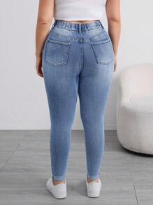 SHEIN ICON 大码性感休闲弹力紧身蓝色牛仔裤 - 中等水洗藍 - 查看 2