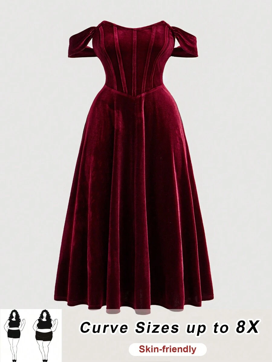 SHEIN CURVE+ 大码女式复古浪漫红色假骨设计露肩连衣裙