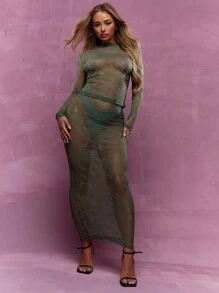 MISSGUIDED Conjunto de top transparente de manga comprida e gola barco de renda e saia bodycon conjunta - Cinza - Visão 4