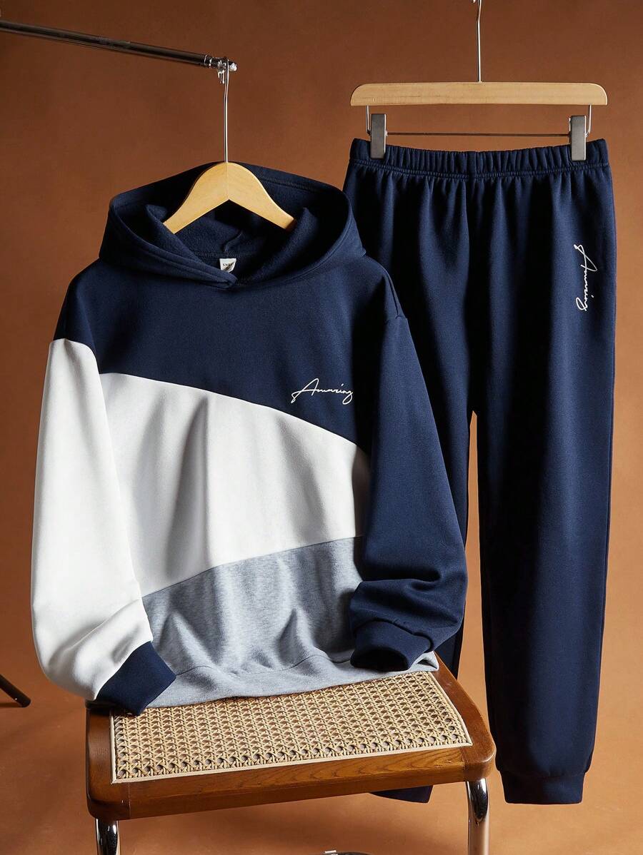 SHEIN 2pcs/Set Casual Comfortable Loose Style Contrast Color Patchwork Hoodie & Sweatpants Set, Suitable For Outings (Teen Boys)