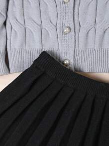 SHEIN Young Girl's Cable Knit Long Sleeve Button-Up Cardigan Set, Casual School Uniform For Autumn, Suitable For Home, Outing, Gathering, And Back To School - Grey - View 5