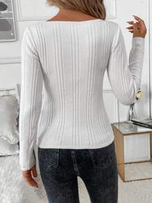 SHEIN Clasi Plus Size Casual Solid Color Cable Knit Fitted Sweater, Autumn/Winter - White - View 2
