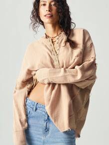 Bohemela Camisa maxi de manga larga con botones, de corte holgado y unicolor, para mujer