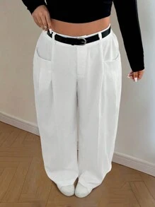 Calvaya Pantalones de corte holgado con diseño de solapas y bolsillos en unicolor, talla grande - Blanco - Ver 6