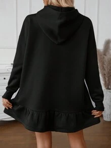 SHEIN LUNE Sudadera con capucha suelta con mangas de murciélago, dobladillo con volantes, de unicolor, para otoño/invierno para mujeres - Negro - Ver 2