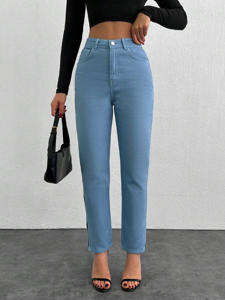 SHEIN Cottnline Women's Solid Color Split Hem Straight Leg Jeans - Baby Blue - View 1