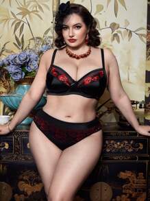 PinupPomp Vintage, Elegant, Classic, Glam, Satin Red Floral Lace, Black & Red Comfortable, Curvy High Waisted Briefs, Plus Size Underwear