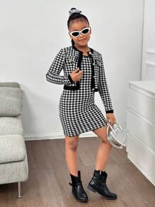 Nova Glow Tween Girl Tween Girl Casual Houndstooth Cardigan Jacket & Slip Dress 2szt. Zestaw