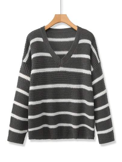 SHEIN LUNE Plus Size Women Colorblock V-Neck Striped Long Sleeve Casual Pullover Sweater, Versatile Minimalist Design For Autumn/Winter Knit Pullover Fall