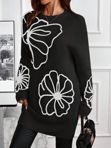EMERY ROSE Women Embroidered Round Neck Long Sleeve Sweater Dress