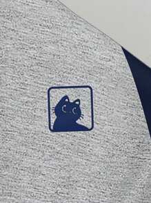 Manfinity Roghcode Men's Color Block Cat Print T-Shirt With Raglan Sleeves, Navy Blue And Light Grey - Multicolor - View 2