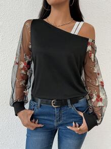 SHEIN LUNE 女士春夏季花卉刺繡不對稱網紗休閒上衣 - 黑色 - 查看 3