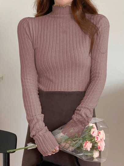 DAZY Women Stand Collar Long Sleeve Plain Casual Ribbed T-Shirt,Back To School Clothes,Fall Women Clothes