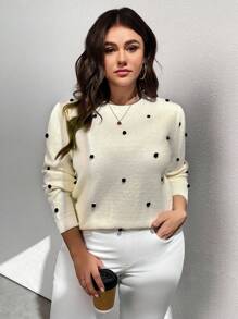 SHEIN Clasi Plus Size Women's Solid Color Round Neck Ruched Sleeve Textured Dot Pullover Sweater, Autumn/Winter Knit Pullover Fall - Beige - View 4