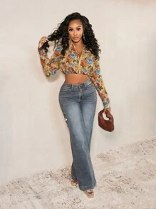 BamGleam Women Casual Street Floral Print Zip-Up Cropped Jacket, Autumn