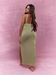 MISSGUIDED Plunge Neck Side Slit Maxi Dress - Khaki - View 5