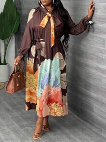 Slaydiva Plus Size Women Solid Color Patchwork Front Tie Long Sleeve Casual Dress, Elegant