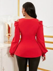 SHEIN Clasi Women's Solid Color Sweetheart Collar Long Sleeve Casual Top, Everyday Wear For New Year Clothes Peplum Top