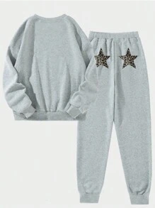 2pcs/Set Teen Girl Leopard Print Pentagram Crew Neck Long Sleeve Top And Pants Set - Grey - View 2