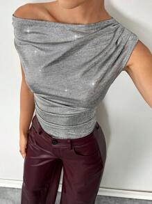 SHEIN Essnce 女士银色闪光上衣休闲时尚90年代街拍春秋纯色褶皱领PU无袖上衣外出上衣不对称领口上衣适合外出和派对新年女士生日女士情人节 - 銀色 - 查看 5