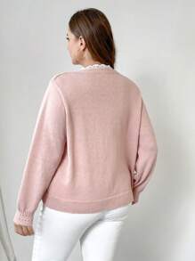 SHEIN Clasi Celure Plus Size Women Solid Color Lace Loose Casual Cardigan, Autumn/Winter Fall Cloth For Women,Ladies' Knitted Coat, Christmas, Red, Party,Winter,Summer,Spring/FallValentine's Day - Pink - View 4