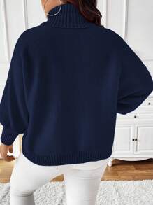 SHEIN Unity Plus Size Letter Embroidery Batwing Sleeve High Neck Casual Sweater, Winter Knit Pullover Fall - Blue - View 2