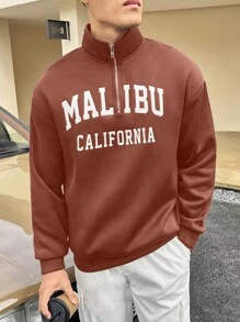 Aesthetic Post--Loose Fit Men's Letter Graphic Half Zip Drop Shoulder Sweatshirt - Brown - View 3