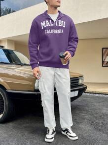 Aesthetic Post--Loose Fit Men's Letter Graphic Half Zip Drop Shoulder Sweatshirt - Purple - View 4