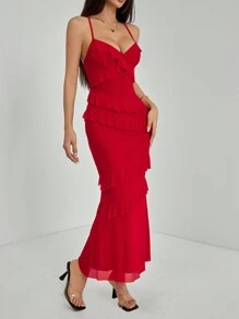 SHEIN PETITE Vestido largo rojo con volantes en la espalda y espalda descubierta