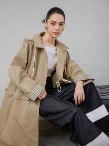 Dazy-Less 女士条纹撞色拼接纯色大口袋抽绳系带风衣女式夹克，秋季女装商务休闲女式工作服