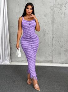 Zolique Đầm len dệt kim dài hở tua rua cổ chữ V bó sát gợi cảm giản dị mới thời trang cho tiệc năm mới câu lạc bộ phụ nữ - Màu tím - Xem 4