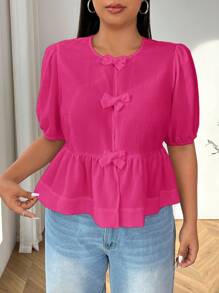 Solflare Plus Size Retro Ruffled Collar Bow Tie Puff Sleeve Belted Shirt - Apricot - View 4