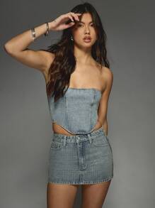 MISSGUIDED Chân váy denim mini đính đá lấp lánh, cạp cao, phong cách đường phố, tiệc tùng, lễ hội Y2K - Màu xanh lam - Xem 5