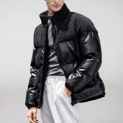 Men's Colorblocked Stand Collar Raglan Sleeve Casual Padded Coat, Suitable For Winter